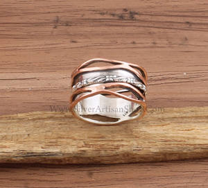 Anillo de banda de plata de ley 925 y cobre de moda, anillos de dedo de metal mixto de dos tonos para hombres y mujeres, joyería apilable estilo bohemio al por mayor - Product Image 3