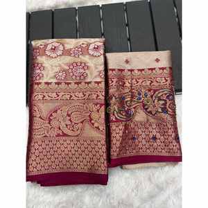 FANCY BANARASI SOIE SAREE AVEC KHATLI TRAVAIL À LA MAIN SANS COUTURE BLOUSE ROSE - Product Image 1