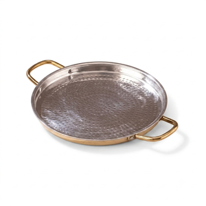 Premium Hammered Stainless Steel Serving Tray with Brass Handles Round Indian Platter Buffet Server <b>for</b> Home Kitchen Hotel - Product Image 1