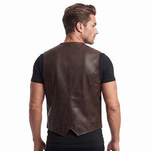 <b>Men's</b> 100% Real <b>Leather</b> Winter Breathable Button V-Neck Sleeveless Reversible Biker Vest with Pockets Outerwear Wholesale - Product Image 2