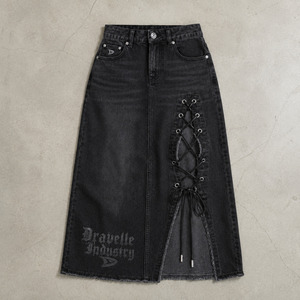 Lace-Up Denim Skirt for Women, Washed Black Maxi Jean Skirt with Side Slit, Eyelets, Gothic Streetwear - Product Image 5