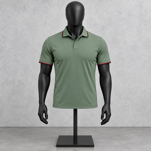 Chemise Homme Verte Unie Brodé à Manches Courtes avec Bordure Contrastante, Style Smart Casual, Respirante, Infroissable, Tricotée 100% Coton - Product Image 1