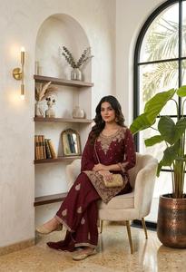 Ensemble Salwar Kameez brodé bordeaux avec dupatta en dentelle pour femme, tenue indienne pakistanaise pour mariage et fête - Product Image 5