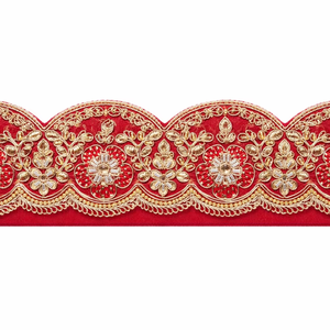 Luxury Traditional Floral Embroidered Eco-Friendly <b>Lace</b> Trim Zari Bead Work <b>Red</b> Fabric for Bridal Wear Sarees Couture Garments - Product Image 1