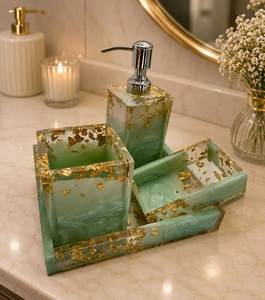 Juego de baño moderno de resina ovalado con dispensador de jabón y bandejas con diseño de mármol turquesa, fácil de limpiar. - Product Image 5