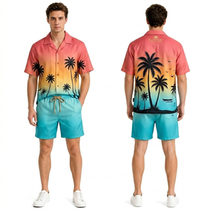 Conjuntos de Shorts Hawaianos Premium al por Mayor, Color Verde Salvia, con Estampado de Hojas Tropicales, Transpirables, Duraderos, para Playa, Verano - Product Image 2
