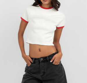 Women's <b>White</b> Crew Neck Short Sleeve <b>Crop</b> <b>Top</b> Solid Color Casual Breathable Knitted Cotton Spring Summer Style - Product Image 2