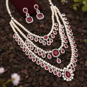 Fine Pearl <b>and</b> American Diamond Bridal Jewelry <b>Set</b> for Women - Product Image 3
