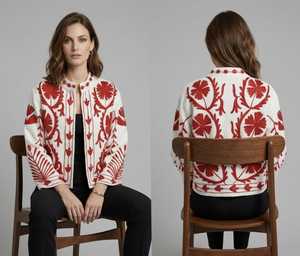 Chaqueta Corta de Mujer Hastkala, Bordada a Mano con Diseño Floral, 100% Algodón Tejido, Cuello Mandarín, Manga Larga, Estilo Boho, Otoño - Product Image 5