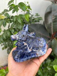 Statue de taureau Nandi en sodalite naturelle sculptée à la main |   Idole hindoue de Shiva en pierre précieuse bleue |   Fournisseur en gros de décorations d'autels spirituels - Product Image 3