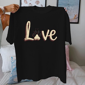 T-shirt à manches courtes pour femme, coupe classique, col rond, style décontracté avec motif d'empreintes de pattes, 100% coton pur, tissu tricoté 180g - Product Image 1