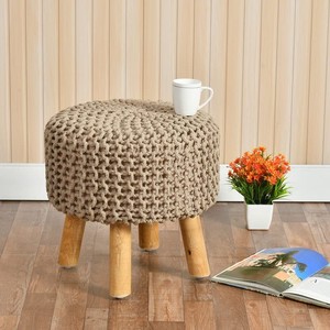 Handcrafted Beige Knitted Cotton Pouf Ottoman with <b>Wooden</b> Legs - Wholesale - Product Image 1