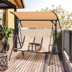 Dondolo da Giardino Beige a 2 Posti con Tettuccio, Seduta Girevole, Tavolino Portaoggetti e Portabicchieri Inclusi per Esterni - Product Image 2