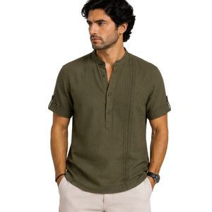 Camisa Casual de Lino y Algodón para Hombre, Color Verde Oliva, Cuello Mandarín, Manga Corta, Transpirable, Verano, Manga Enrollable, Logotipo Personalizado - Product Image 1