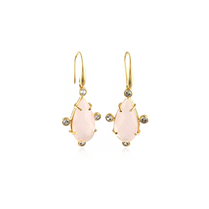 Luxury fashion <b>earrings</b> checker cut pink chalcedony with cz accents dangle <b>earring</b> 18k gold plated pear shape brass drop <b>earring</b> - Product Image 2