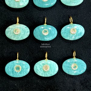 Pendentif en Amazonite Naturelle avec Zircon, Double Incrustation de Pierres Précieuses, 18x13mm, Monture en Vermeil Doré, pour Bijoux de Mode - Product Image 3