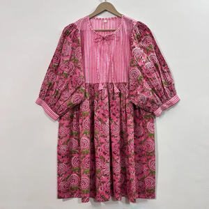 Vestido Casual Midi para Mujer, Tejido 100% Algodón, Liso, Manga Corta, Cintura Imperio, Estilo Babydoll, Cuello en V, Holgado, Funcional - Product Image 2