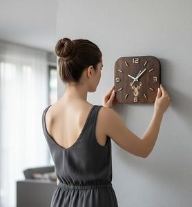 Wooden Quartz Modern <b>Square</b> Silent 3D Needle Deer Pattern Wall Clock AA <b>Battery</b> Powered for Living Room Home Decor - Product Image 5