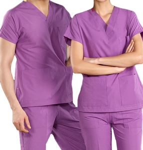 Unisex Purple <b>Scrub</b> Sets Cotton Polyester Woven Hospital <b>Uniforms</b> V-Neck Short Sleeve With Pockets - Product Image 1