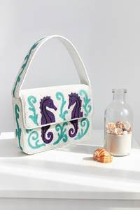 Sac à main en toile brodé à la main avec perles de verre, forme rectangulaire, motifs violet et turquoise, fil en polyester, lavable, usage quotidien - Product Image 1