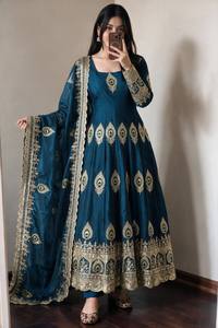 <b>Women</b> Teal Silk Anarkali <b>Kurta</b> Set Peacock Embroidered Lehenga Dupatta Salwar Suit Wedding Ethnic Wear - Product Image 4