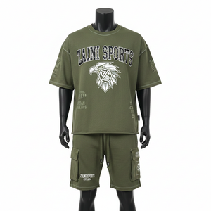 Ensemble t-shirt et short homme en coton premium, tissu doux 220 GSM, vert, logo imprimé sur mesure - Product Image 6