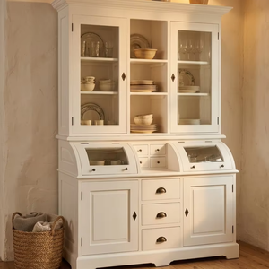 Elegant Giordano Cabinet Premium Solid Wood White Dresser with Roll-Top Glass Doors and Apothecary Drawers for Living - Product Image 2