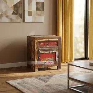 Reclaimed Vintage Bohemian Style Old Wooden Bedside <b>Storage</b> <b>Drawer</b> Table Cabinet Double Tier Standing Type for Living Room - Product Image 5