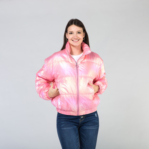 Pink Shiny <b>Quilted</b> Puffer <b>Jacket</b> Women's Winter Warm Coat Full Sleeve Stand Collar Zipper Closure Short Length - Product Image 4
