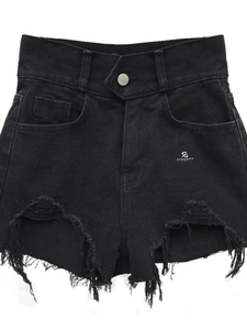 Shorts en jean pour femme, décontractés, taille haute, effet usé, délavé à l'acide, style streetwear, coton, ceinture élastique, été 2026 - Product Image 4