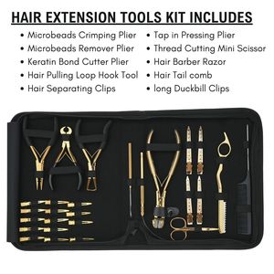 Kit professionnel d'extensions capillaires avec pince à sertir, coupe-bandes, crochet à boucle, pinces de sectionnement, pince à extensions tap-in, ciseaux, peigne, rasoir - Product Image 2