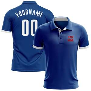 เสื้อโปโลผู้ชายสีน้ำเงินแบบกำหนดเอง พร้อมขอบสีเหลือง พิมพ์ลายด้วยความร้อน เนื้อผ้าถักระบายอากาศ แขนสั้น ปักชื่อทีมและโลโก้ด้านหน้า - Product Image 3
