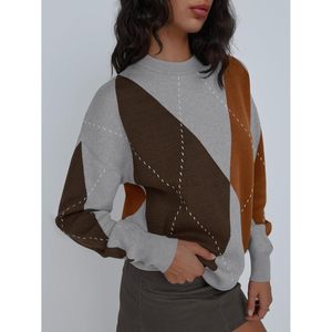 2024 à la mode reine surdimensionné gros tricot col rond femmes pull couleur bloc Argyle Plaid Design respirant chaud avec Logo avant - Product Image 3