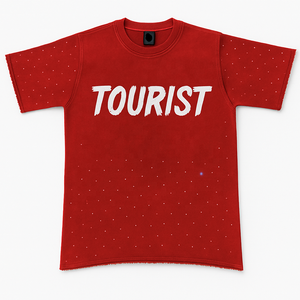 T-shirt à manches courtes pour homme rouge avec imprimé touristique blanc, coupe classique, style décontracté, tissu jersey, col rond - Product Image 1