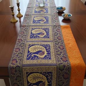 Banarsi Brocade Silk <b>Table</b> Runner Traditional Cotton Printed Peacock Knitted Techniques for 6 4 Seater Dining <b>Table</b> Centre <b>Top</b> - Product Image 1