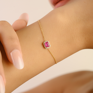 Productos en Oferta, Nueva Pulsera Apilable con Halo de Rubíes y Diamantes para Mujer, Delicada, de Oro Amarillo Real de 14K, Joyería Hecha a Mano - Product Image 2