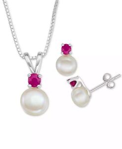 Perla d'acqua dolce coltivata (6mm-7mm) & zaffiro (1/2 ct. T. w.) Collana con ciondolo e orecchini 18 "incastonati in argento Sterling | Macy - Product Image 1
