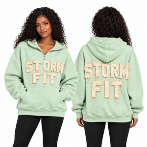 Sweat à capuche mi-zippé pour femme, couleur menthe, coupe Storm Fit, avec appliqué lettres, épaules tombantes, poche kangourou, en polaire décontractée, style streetwear, coupe-vent - Product Image 1