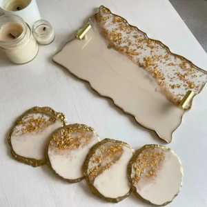 Handcrafted Cream White Resin Serving Tray and 4 Coasters Set with Gold Foil Edging Agate Style <b>Coffee</b> <b>Table</b> Display Platter - Product Image 1