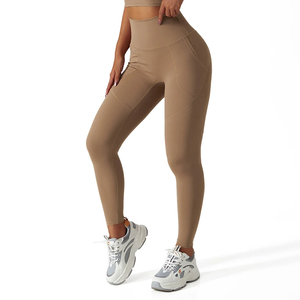 High Waist Full Length Yoga <b>Leggings</b> <b>With</b> <b>Pockets</b> Solid Color Spandex Nylon Four-Way Stretch Seamless Design - Product Image 3