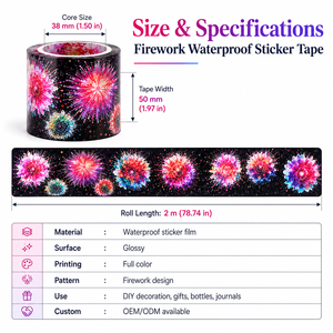1 Rollo de Cinta Adhesiva Decorativa con Diseño de Fuegos Artificiales, Serie <span class=keywords><strong>Sunny</strong></span> Day, Resistente al Agua, de una Sola Cara, Activación por Agua, 4 PET - Product Image 4