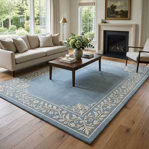 Tapis rectangulaire classique bleu à motifs floraux, en laine et polyester, tufté à la main, avec envers antidérapant en latex, pour salon, à poils moyens - Product Image 1