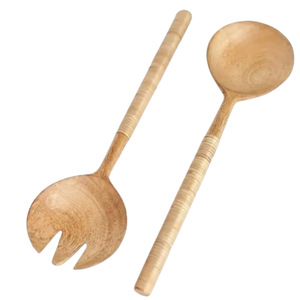 Juego de servidores de ensalada de madera de mango artesanal con mangos de resina de colores a rayas, 2 piezas, cuchara y tenedor de madera ecológicos. - Product Image 2