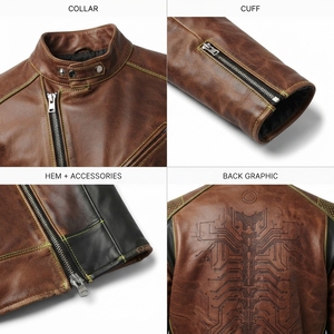 Blouson Moto Homme en Cuir de Cheval Style Café Racer Vieilli Cognac Sashiko Streetwear Étiquette Personnalisée OEM - Product Image 4