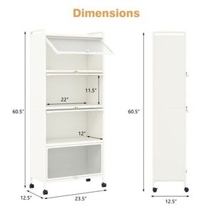 5 Tier White Rolling Microwave Stand with Flip Dust-Proof Doors 4 Casters & Brakes <b>Kitchen</b> <b>Storage</b> Rack - Product Image 4