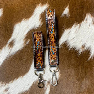 New Turquoise & Brown Hand Tooled Wristlet Leather Keychain Set Personalized <b>Key</b> <b>Fob</b>-Cowgirl <b>Car</b> <b>Key</b> Western <b>Key</b> Strap <b>Key</b> Clip - Product Image 3