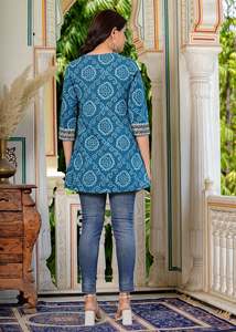 Blue Bandhej Printed <b>Kurti</b> Collection Anarkali <b>Kurti</b> And Cambric Slub Short <b>Kurti</b> Ethnic Women Clothing Stylish Daily Wear - Product Image 2