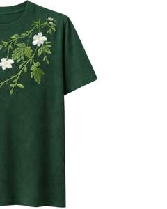 Dark Green Womens Floral Embroidery T Shirt Soft Cotton Crew Neck Casual Short Sleeve Summer <b>Top</b> Lightweight Comfortable Tee - Product Image 3