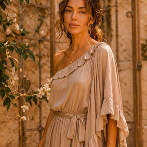 Abito Lungo Monospalla Boho da Donna in Raso di Poliestere Intrecciato Traspirante Anti-Pilling - Product Image 2