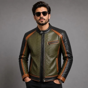 Chaqueta de Cuero Genuino para Hombre, Estilo Café Racer, Textura de Piel de Serpiente, Color Verde Oliva, Negro, Marrón - Product Image 4